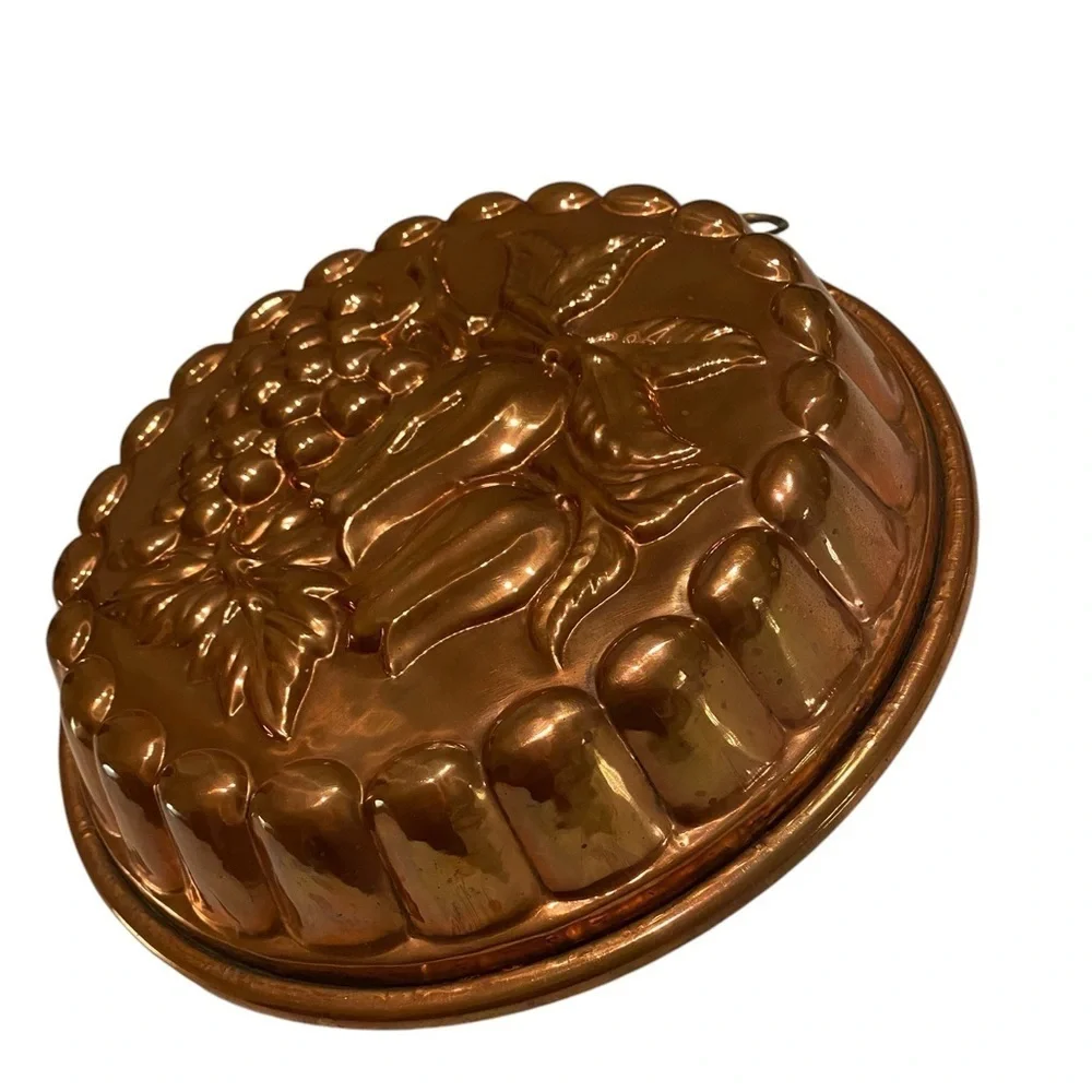 Copper Large Cake Jello Mold Tulip Flowers Grapes Tin Lined - w/Hook   Vintage